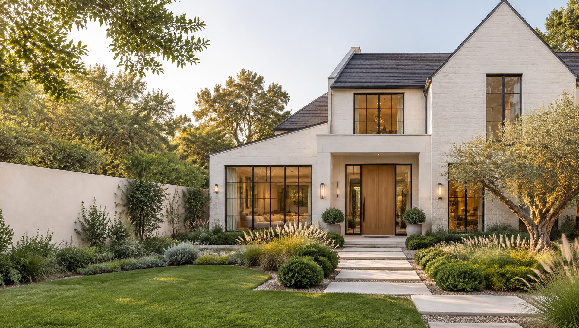 A welcoming contemporary home with a limestone facade and landscaped garden